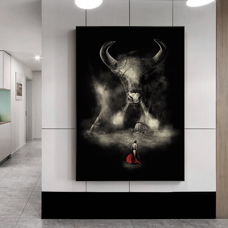 1994. Peinture torero et taureau vintage affiche. Mur art